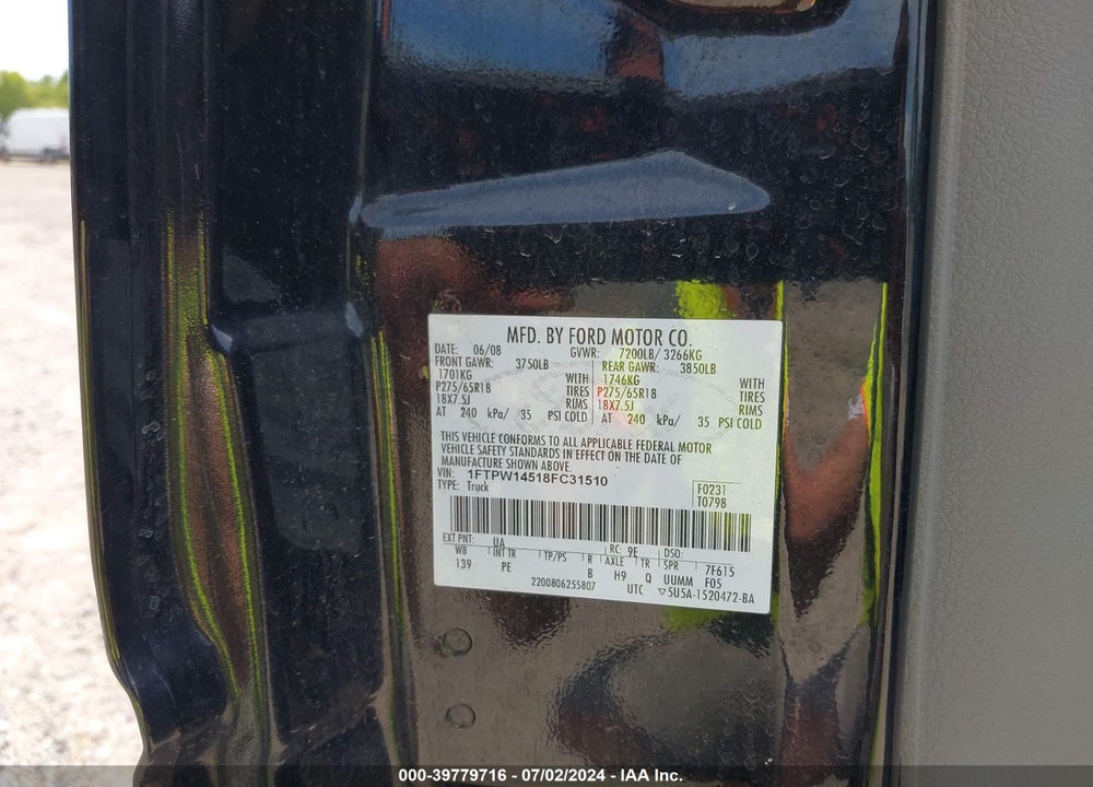 2008 FORD F-150 XLT VIN: 1FTPW14518FC31510