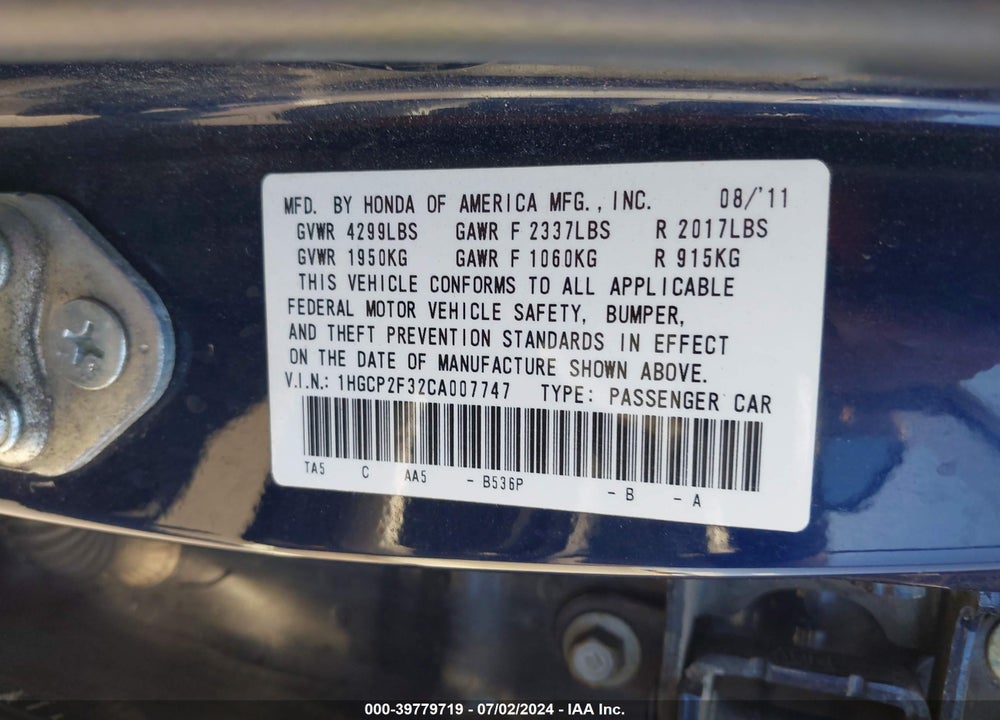 2012 HONDA ACCORD 2.4 LX VIN: 1HGCP2F32CA007747