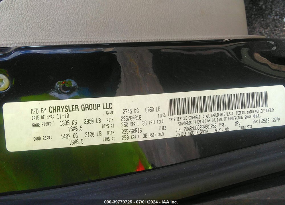 2011 DODGE GRAND CARAVAN MAINSTREET VIN: 2D4RN3DG2BR601259