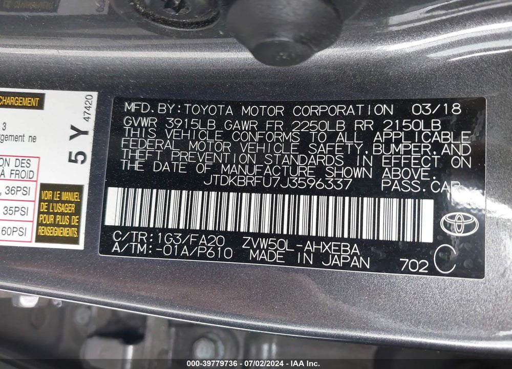 2018 TOYOTA PRIUS TWO VIN: JTDKBRFU7J3596337