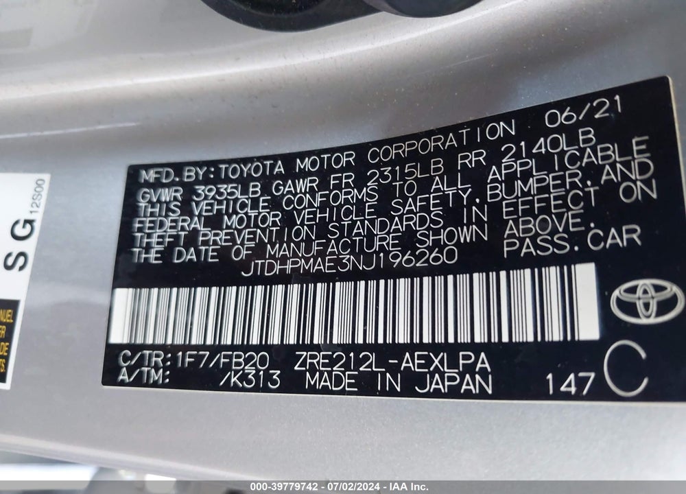 2022 TOYOTA COROLLA LE VIN: JTDHPMAE3NJ196260