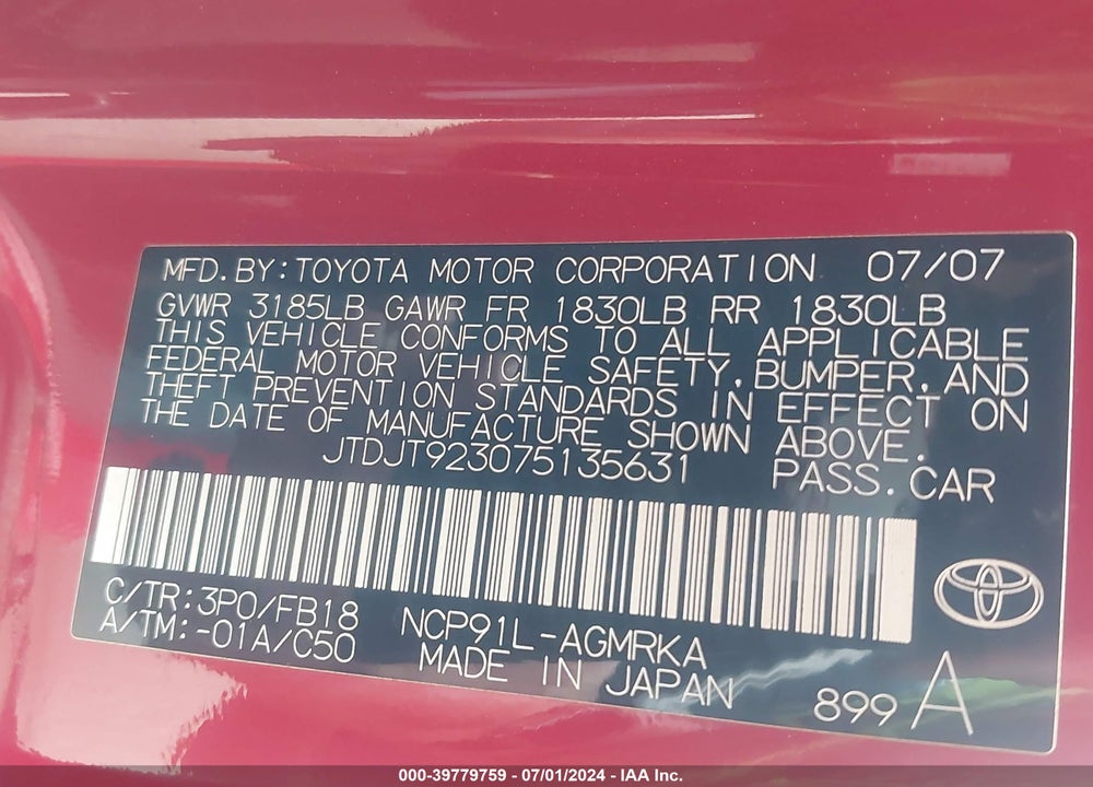 2007 TOYOTA YARIS VIN: JTDJT923075135631