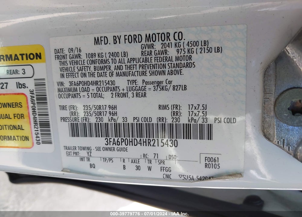2017 FORD FUSION SE VIN: 3FA6P0HD4HR215430