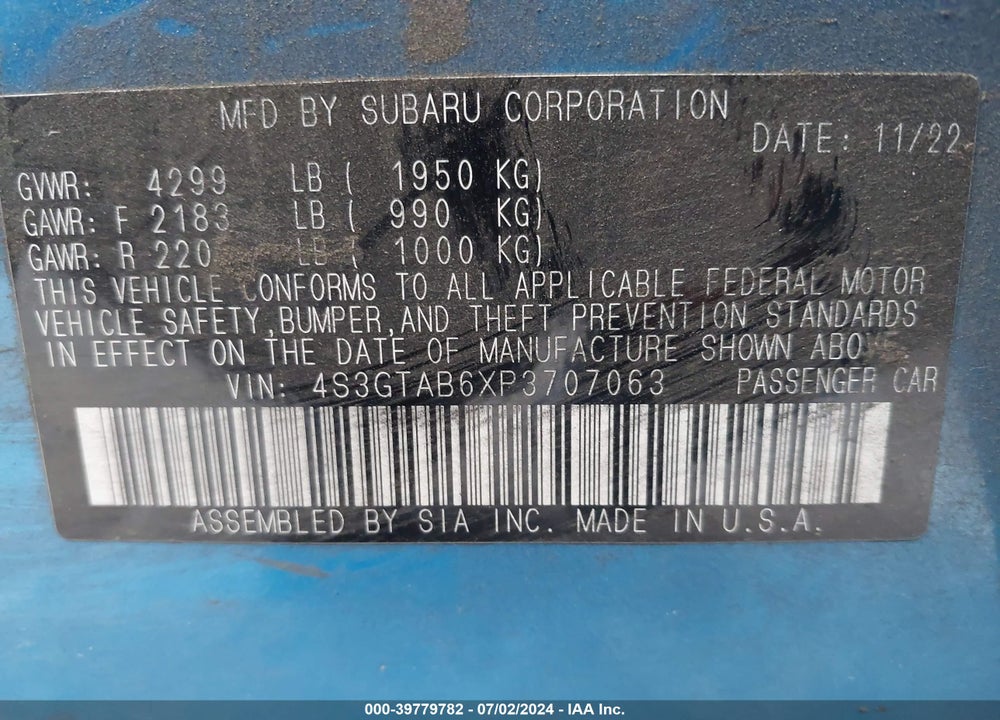 2023 SUBARU IMPREZA BASE 5-DOOR VIN: 4S3GTAB6XP3707063
