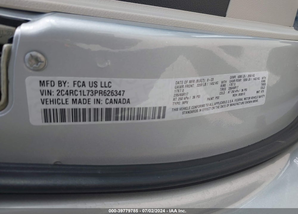 2023 CHRYSLER PACIFICA HYBRID TOURING L VIN: 2C4RC1L73PR626347