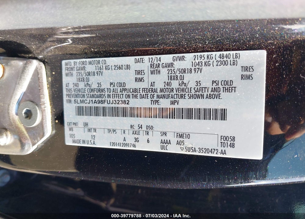 2015 LINCOLN MKC VIN: 5LMCJ1A98FUJ32382