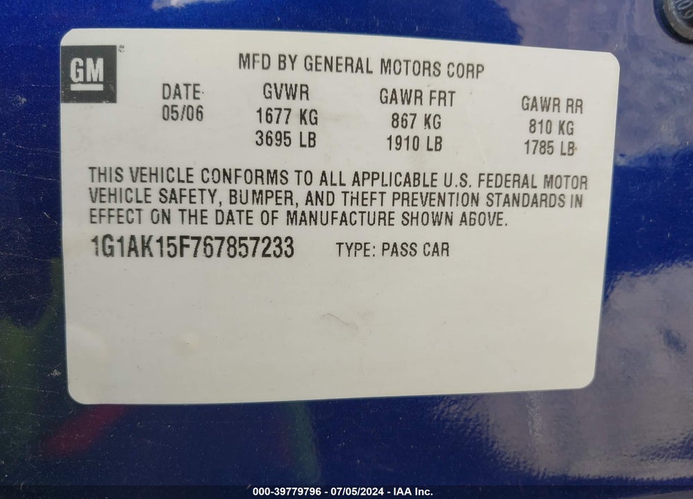 2006 CHEVROLET COBALT LS VIN: 1G1AK15F767857233