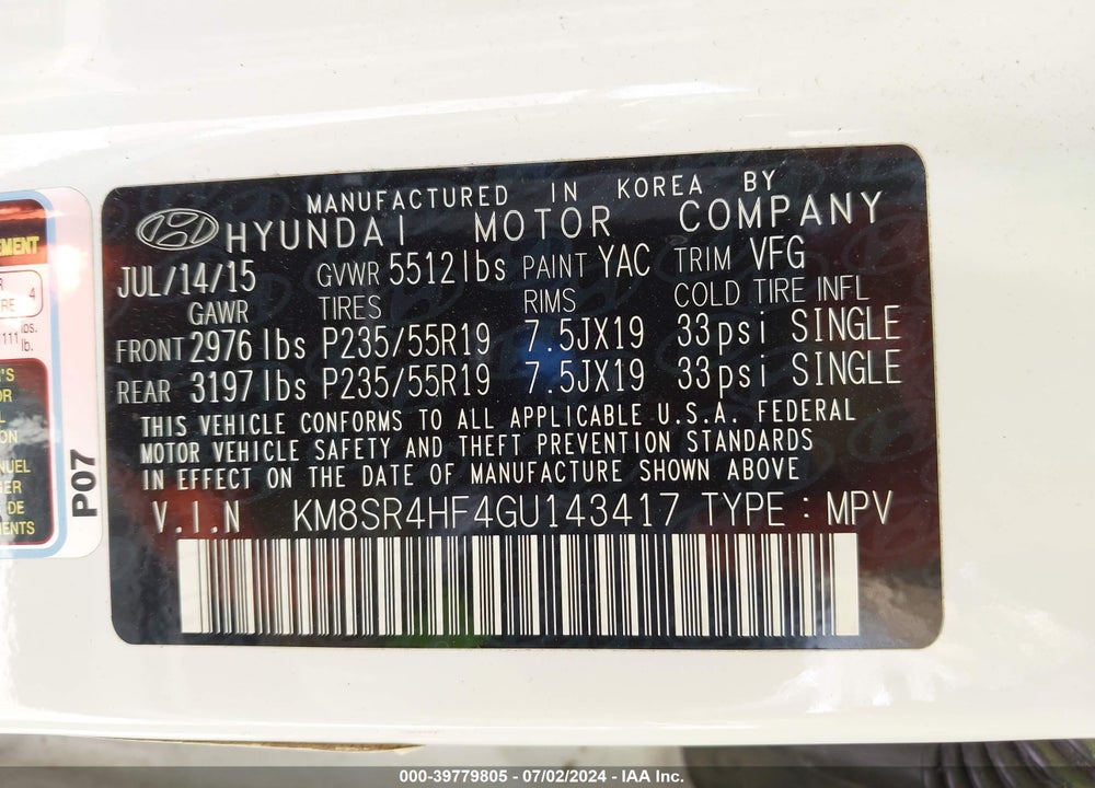 2016 HYUNDAI SANTA FE LIMITED VIN: KM8SR4HF4GU143417