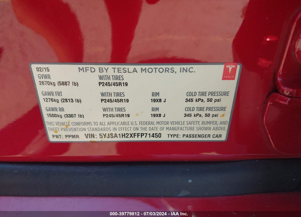 2015 TESLA MODEL S 70D/85D/P85D VIN: 5YJSA1H2XFFP71450