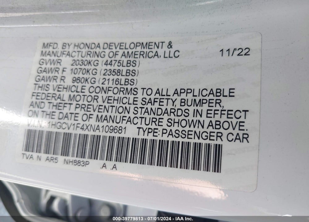 2022 HONDA ACCORD SPORT SPECIAL EDITION VIN: 1HGCV1F4XNA109681