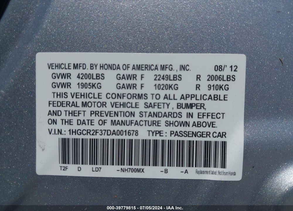 2013 HONDA ACCORD LX VIN: 1HGCR2F37DA001678