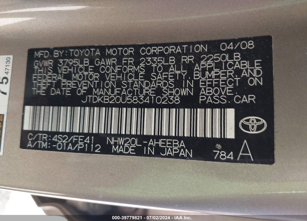 2008 TOYOTA PRIUS VIN: JTDKB20U583410238