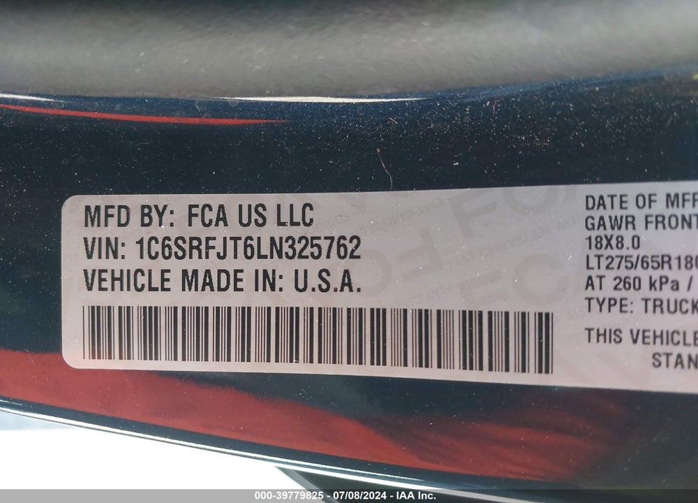 2020 RAM 1500 LAIE  4X4 5'7 BOX VIN: 1C6SRFJT6LN325762