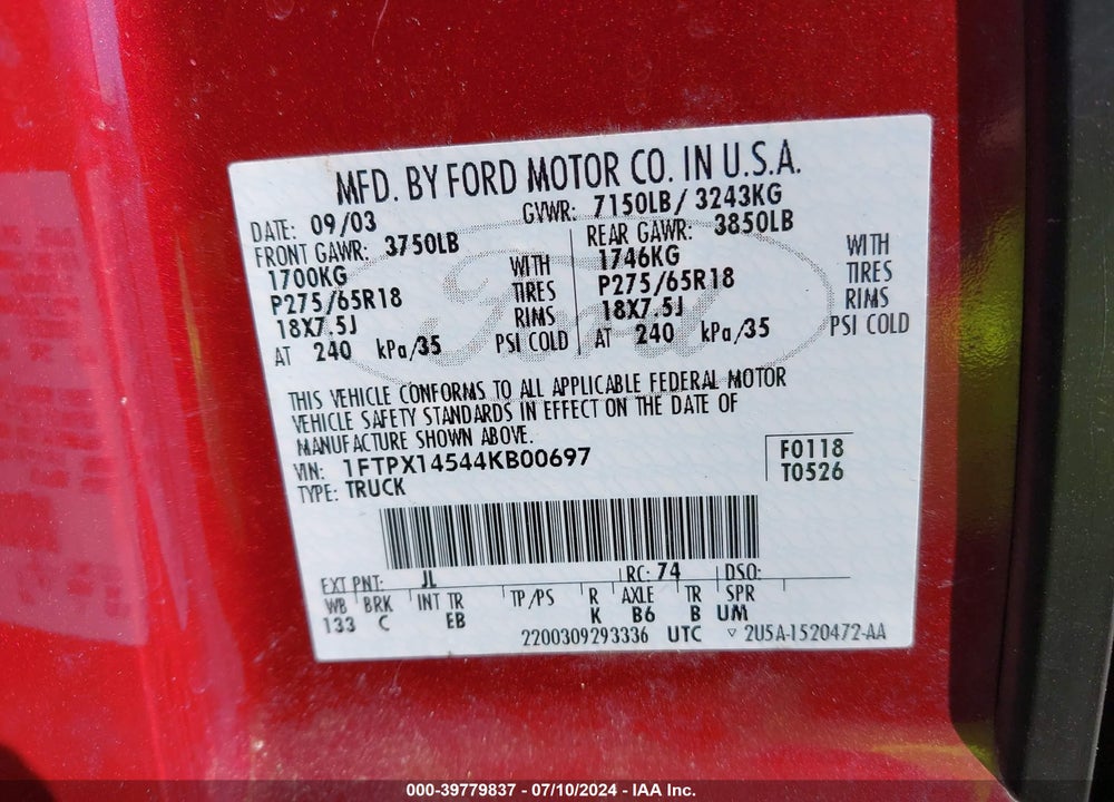 2004 FORD F-150 FX4/LARIAT/XL/XLT VIN: 1FTPX14544KB00697