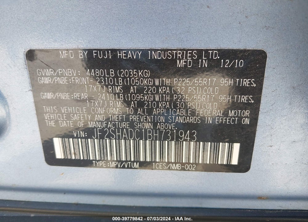 2011 SUBARU FORESTER 2.5X PREMIUM VIN: JF2SHADC1BH731943