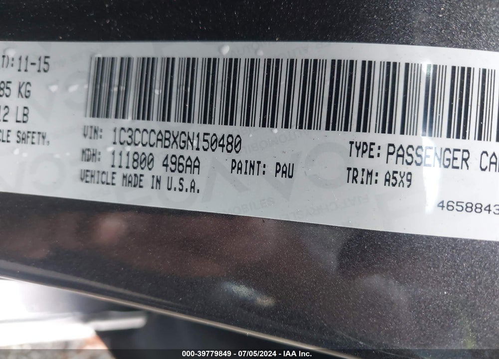 2016 CHRYSLER 200 LIMITED VIN: 1C3CCCABXGN150480