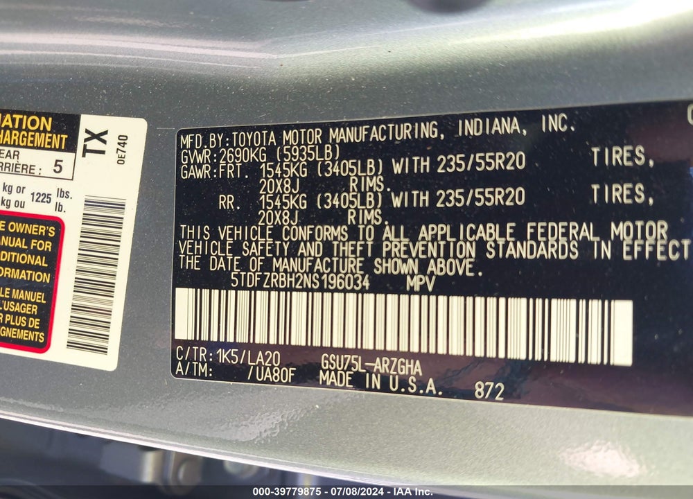 2022 TOYOTA HIGHLANDER PLATINUM VIN: 5TDFZRBH2NS196034