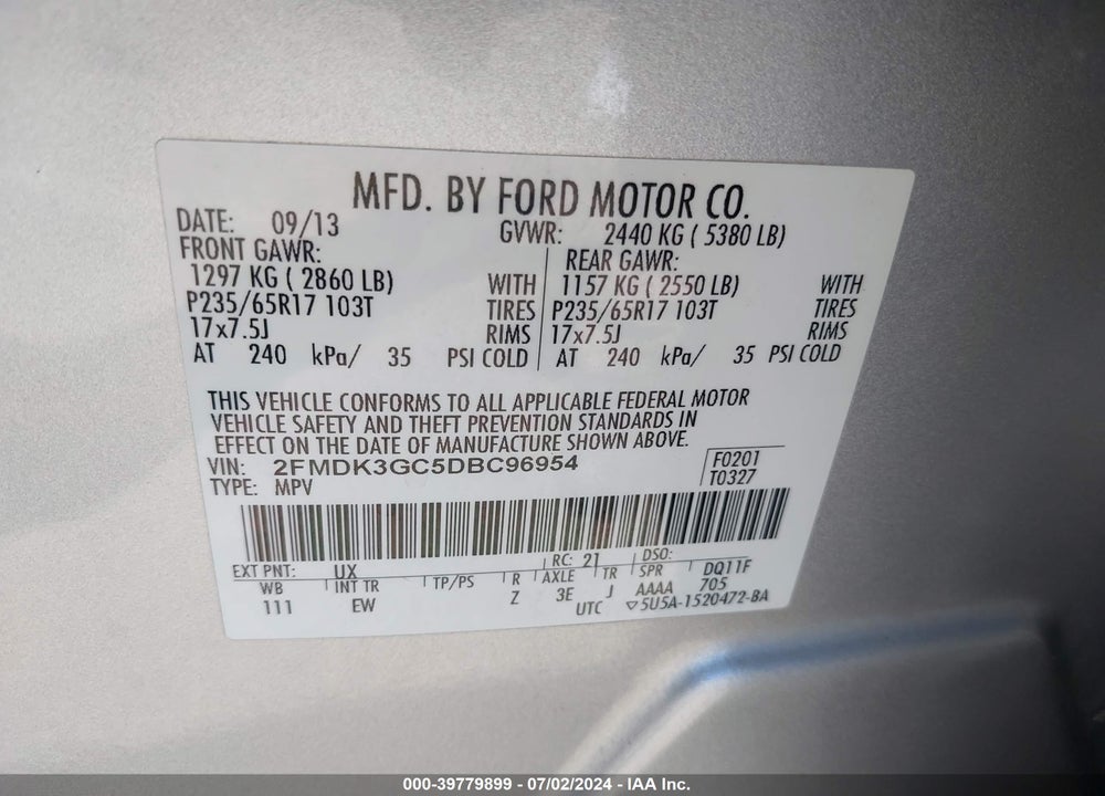 2013 FORD EDGE SE VIN: 2FMDK3GC5DBC96954