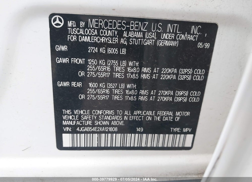 1999 MERCEDES-BENZ ML 320 VIN: 4JGAB54E2XA121808