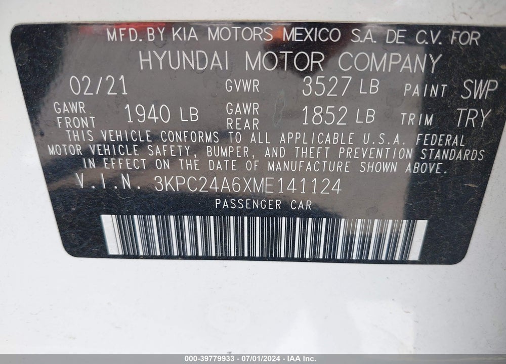 2021 HYUNDAI ACCENT SE VIN: 3KPC24A6XME141124
