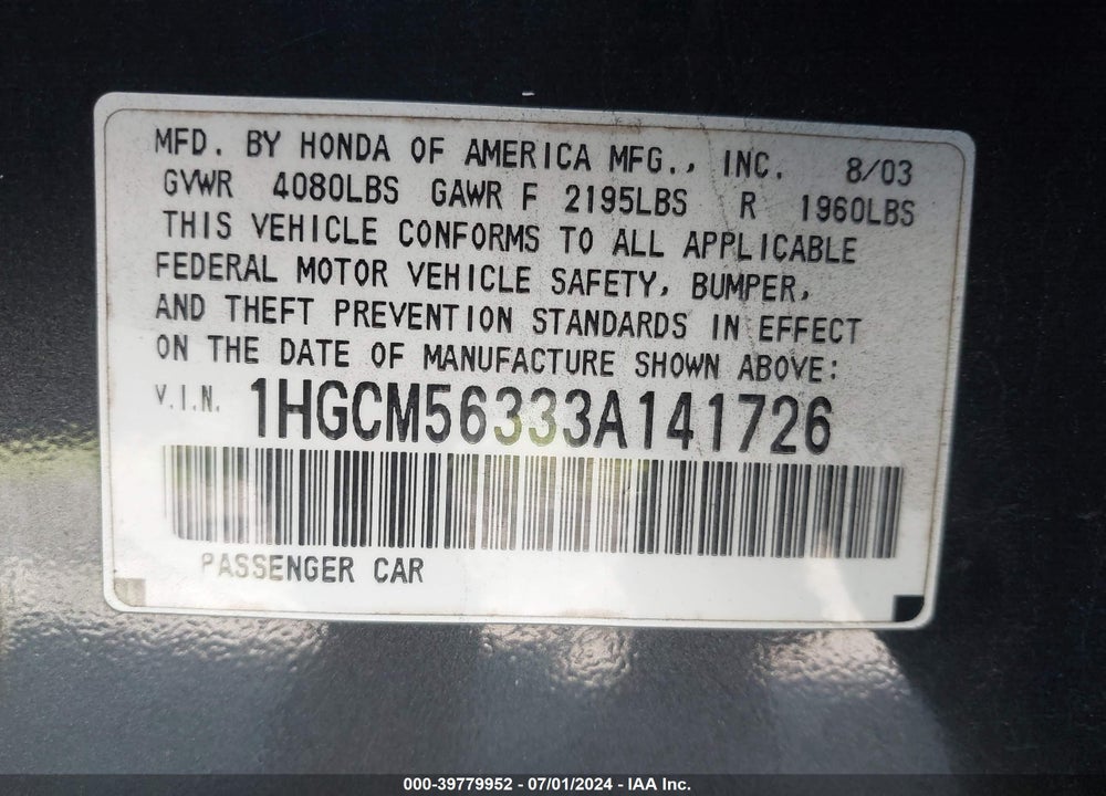 2003 HONDA ACCORD 2.4 LX VIN: 1HGCM56333A141726