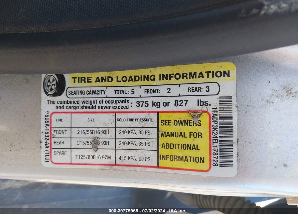2014 FORD FOCUS SE VIN: 1FADP3K24EL178728