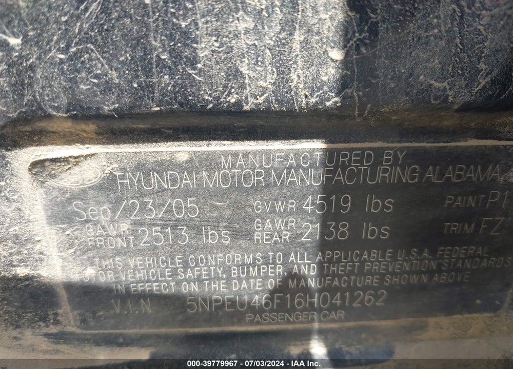 2006 HYUNDAI SONATA GLS V6/LX V6 VIN: 5NPEU46F16H041262