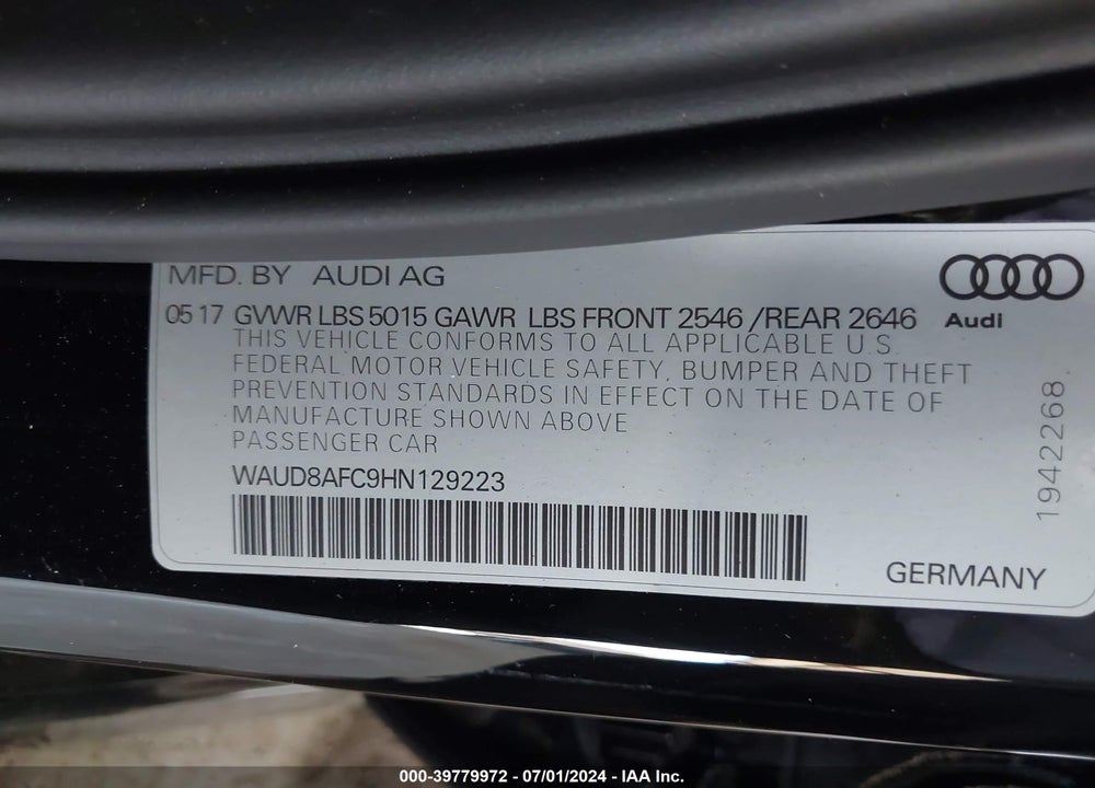 2017 AUDI A6 2.0T PREMIUM VIN: WAUD8AFC9HN129223