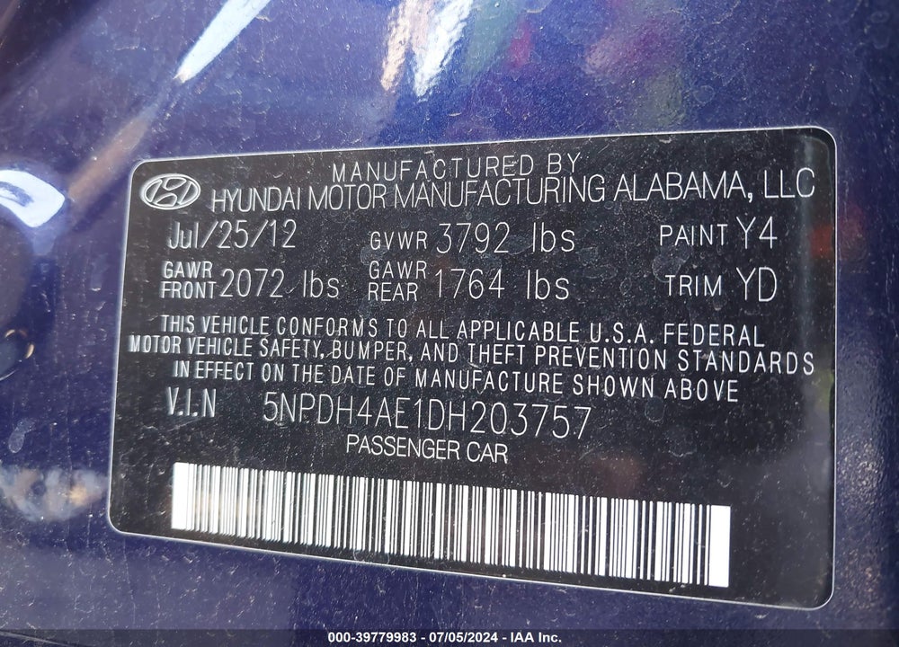 2013 HYUNDAI ELANTRA LIMITED VIN: 5NPDH4AE1DH203757