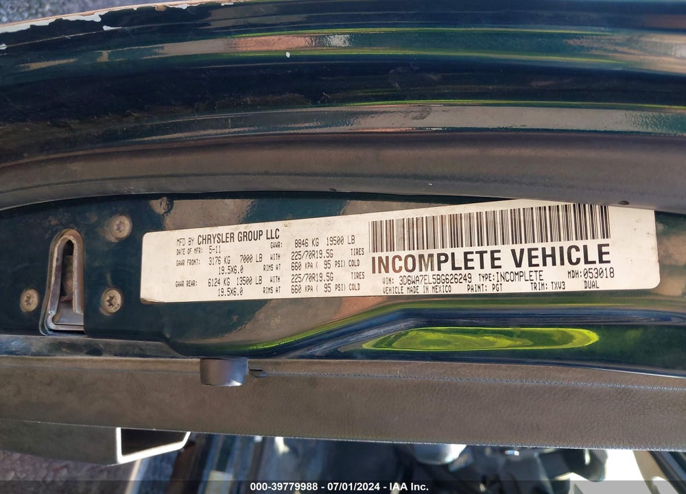 2011 RAM 5500 HD CHASSIS ST/SLT VIN: 3D6WA7EL5BG626249