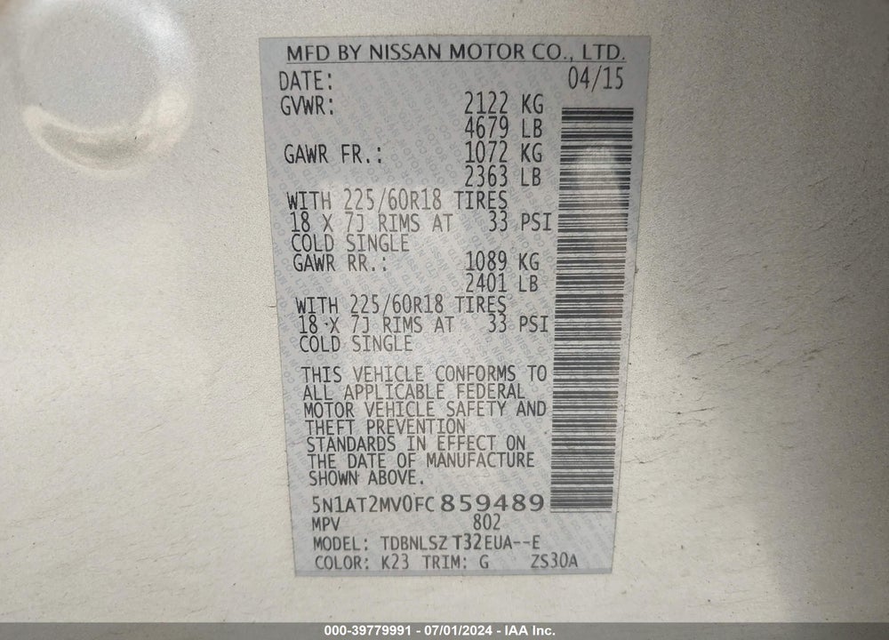 2015 NISSAN ROGUE SL VIN: 5N1AT2MV0FC859489