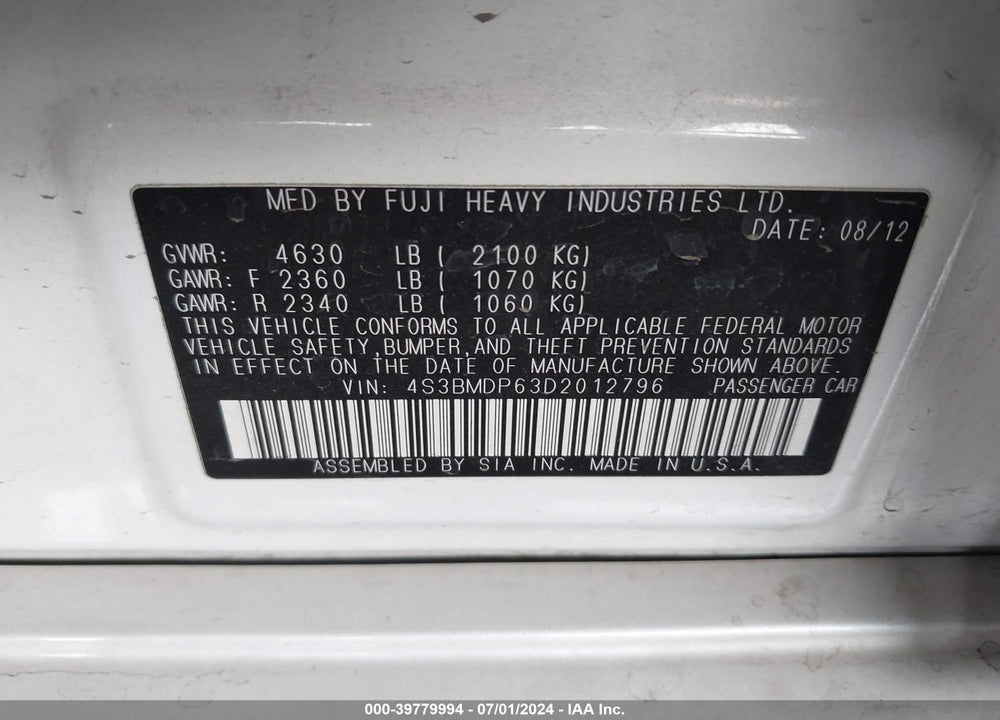 2013 SUBARU LEGACY 3.6R LIMITED VIN: 4S3BMDP63D2012796