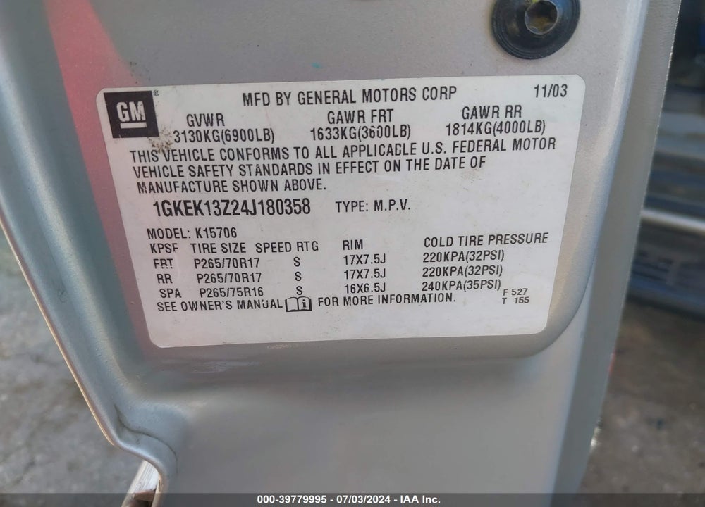 2004 GMC YUKON SLT VIN: 1GKEK13Z24J180358