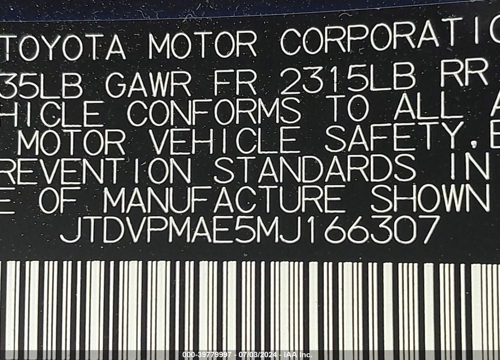 2021 TOYOTA COROLLA LE VIN: JTDVPMAE5MJ166307