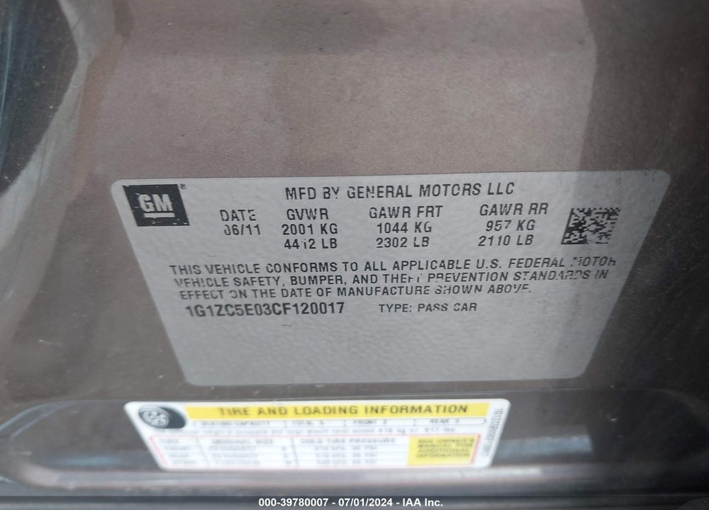 2012 CHEVROLET MALIBU 1LT VIN: 1G1ZC5E03CF120017