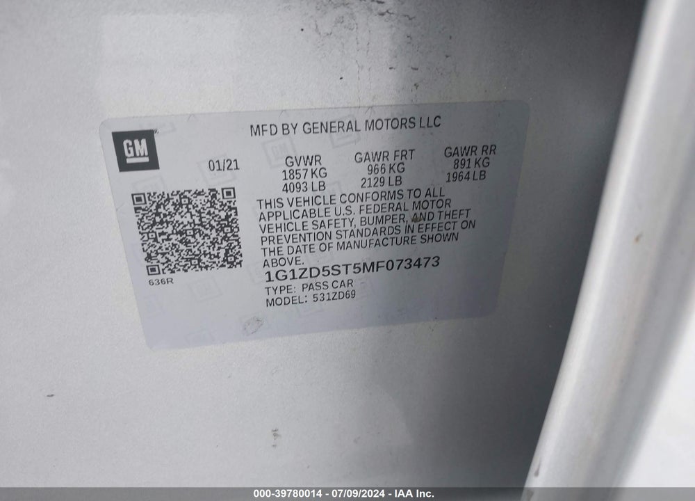2021 CHEVROLET MALIBU FWD LT VIN: 1G1ZD5ST5MF073473