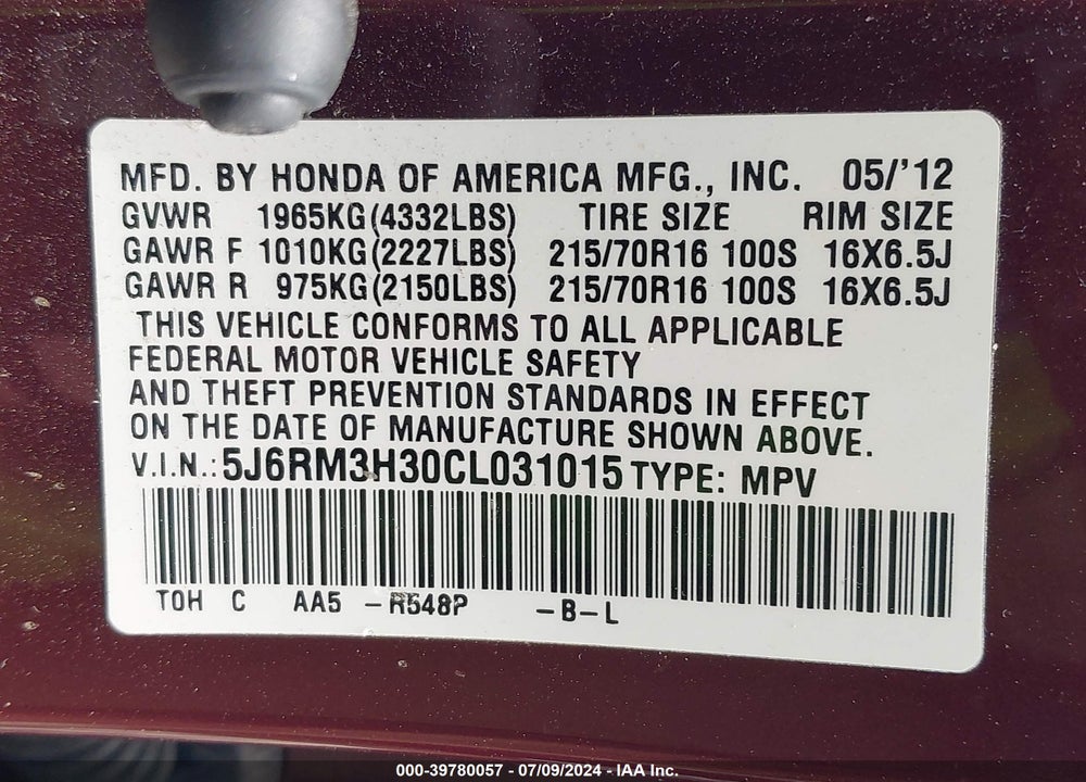 2012 HONDA CR-V LX VIN: 5J6RM3H30CL031015