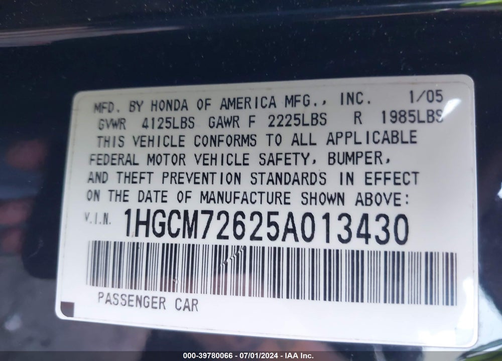 2005 HONDA ACCORD 2.4 EX VIN: 1HGCM72625A013430
