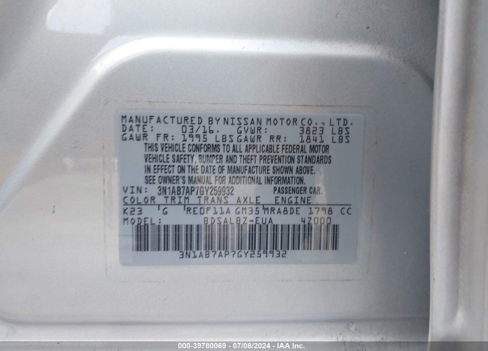 2016 NISSAN SENTRA VIN: 3N1AB7AP7GY259932