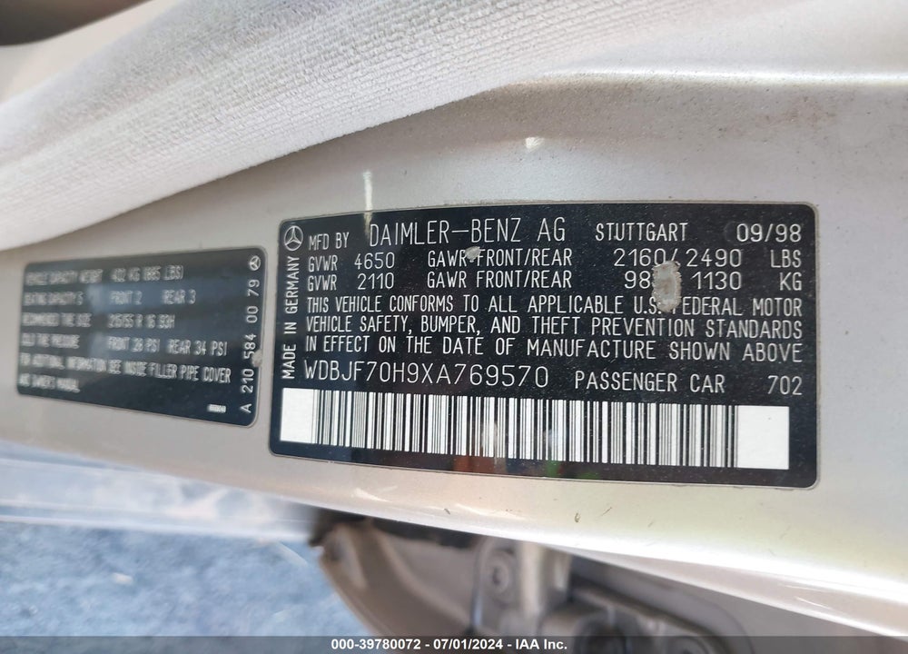 1999 MERCEDES-BENZ E 430 VIN: WDBJF70H9XA769570