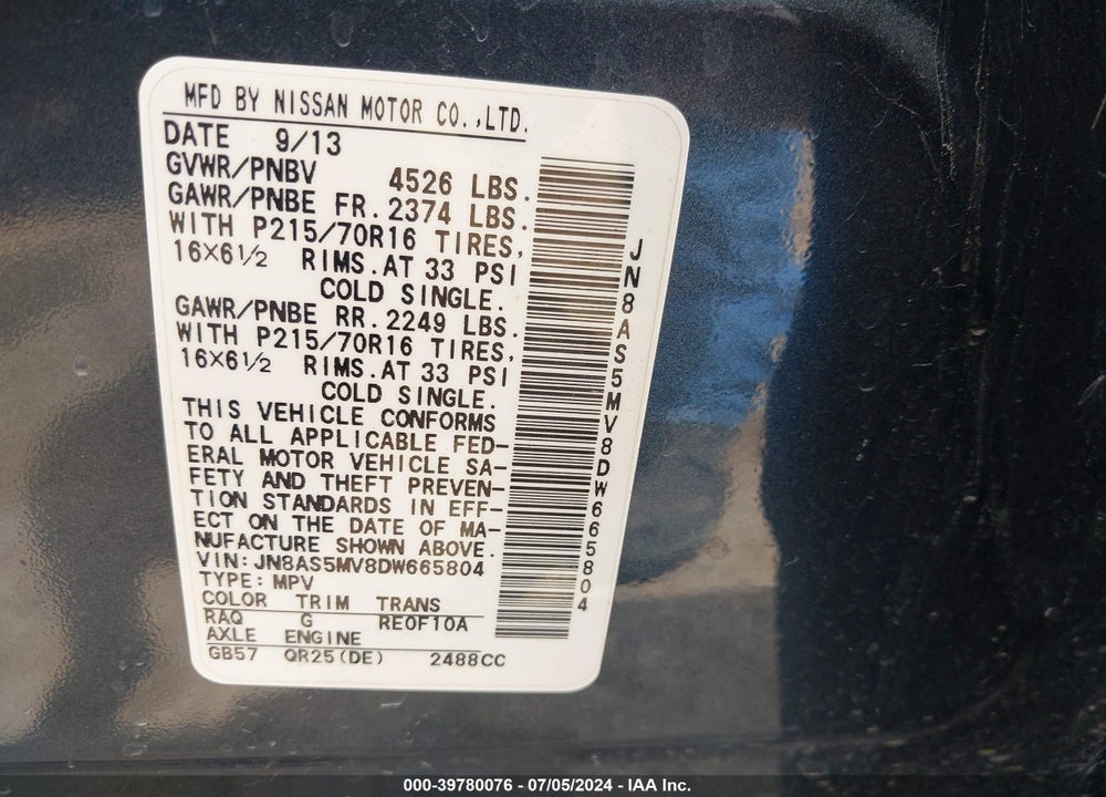 2013 NISSAN ROGUE S VIN: JN8AS5MV8DW665804