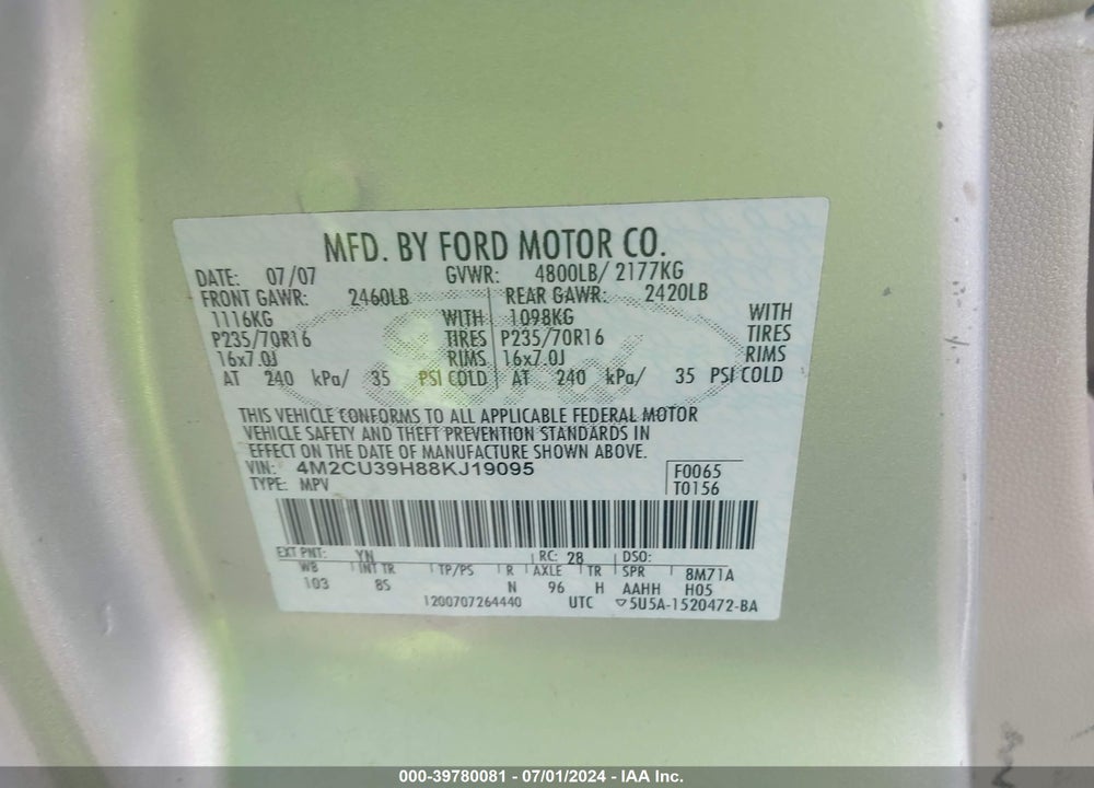 2008 MERCURY MARINER HYBRID VIN: 4M2CU39H88KJ19095