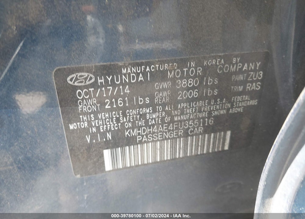 2015 HYUNDAI ELANTRA SE VIN: KMHDH4AE4FU355116