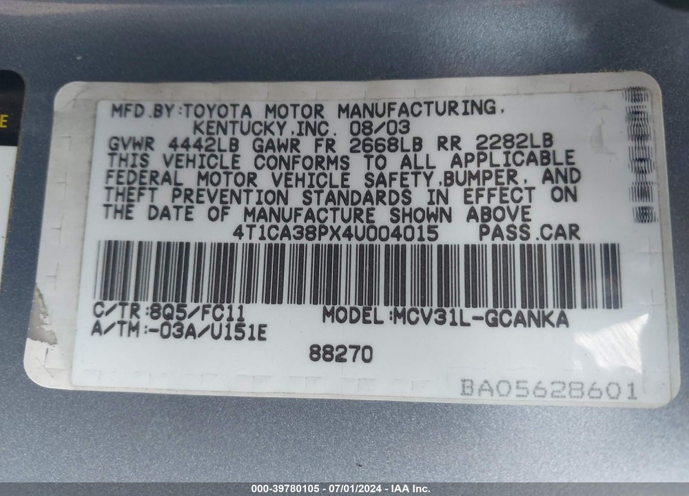 2004 TOYOTA CAMRY SOLARA SE SPORT V6 VIN: 4T1CA38PX4U004015
