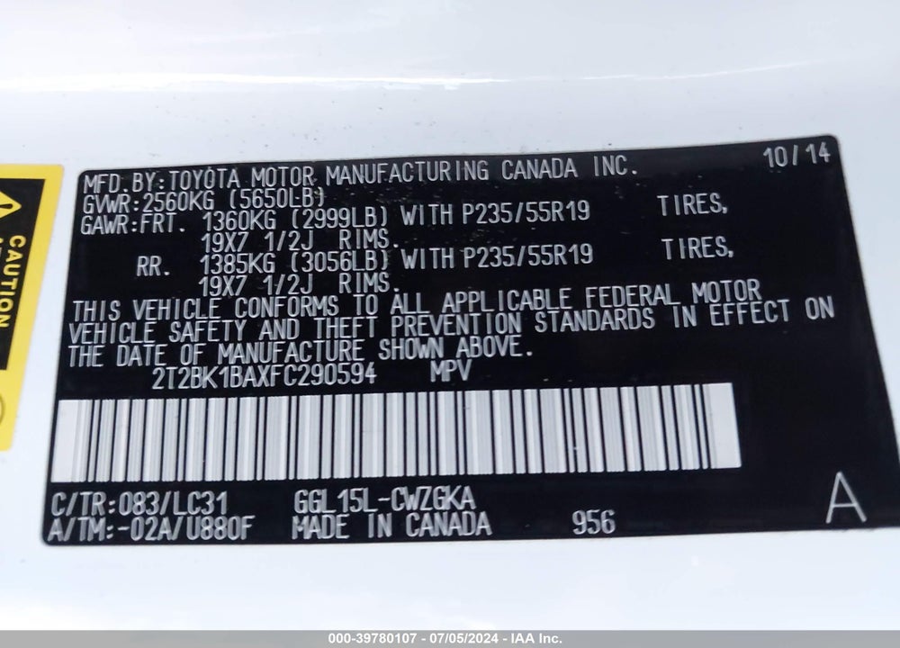 2015 LEXUS RX 350 F-SPORT VIN: 2T2BK1BAXFC290594