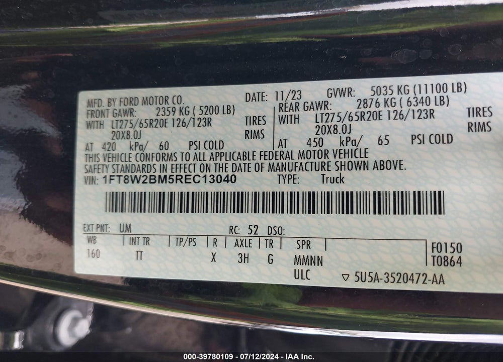 2024 FORD F-250 LIMITED VIN: 1FT8W2BM5REC13040
