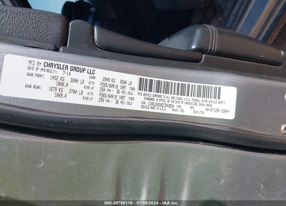 2014 JEEP GRAND CHEROKEE LAREDO VIN: 1C4RJEAG0EC542654