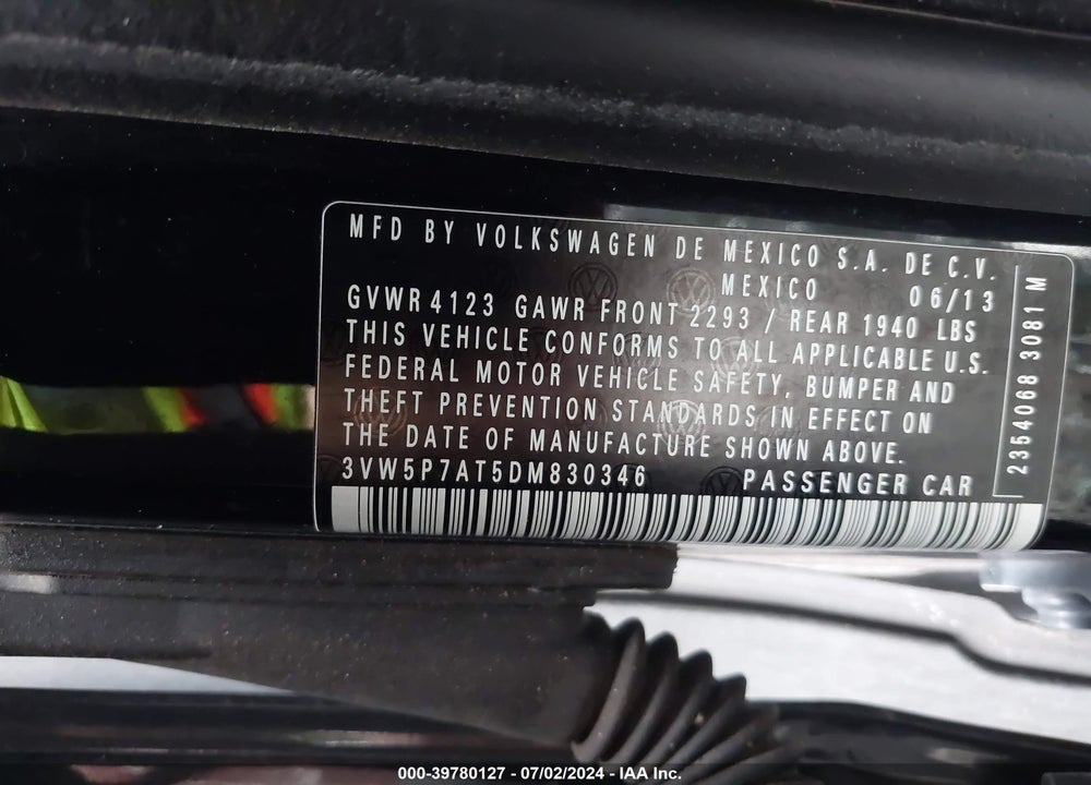 2013 VOLKSWAGEN BEETLE 2.5L VIN: 3VW5P7AT5DM830346