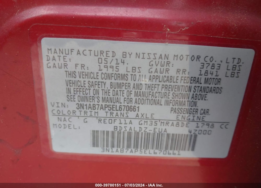 2014 NISSAN SENTRA FE+ S/FE+ SV/S/SL/SR/SV VIN: 3N1AB7AP5EL670661