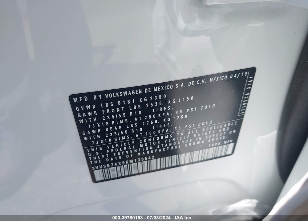 2019 VOLKSWAGEN TIGUAN 2.0T SE/2.0T SEL/2.0T SEL R-LINE/2.0T SEL R-LINE BLACK VIN: 3VV3B7AX9KM139542